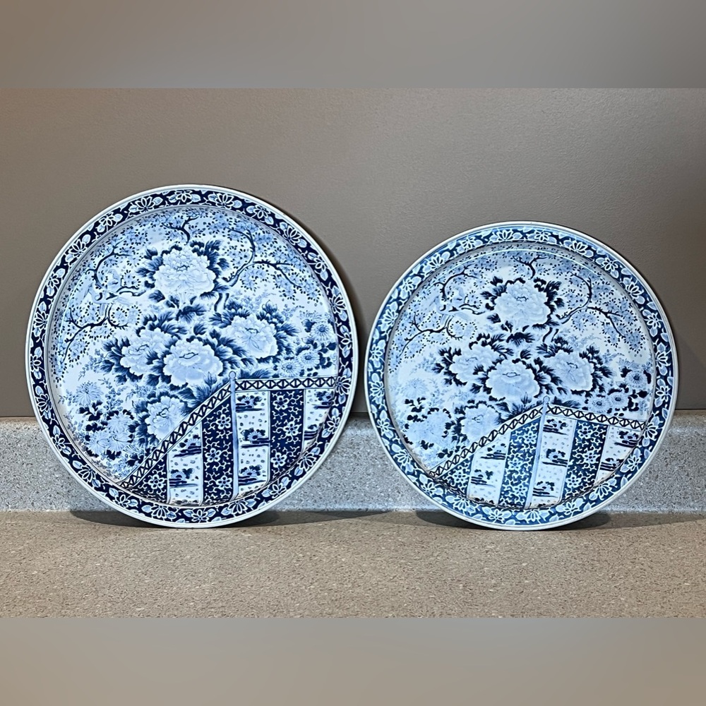 Bundle VINTAGE 2 Ming BLUE White METAL Trays USA Spic SPAN